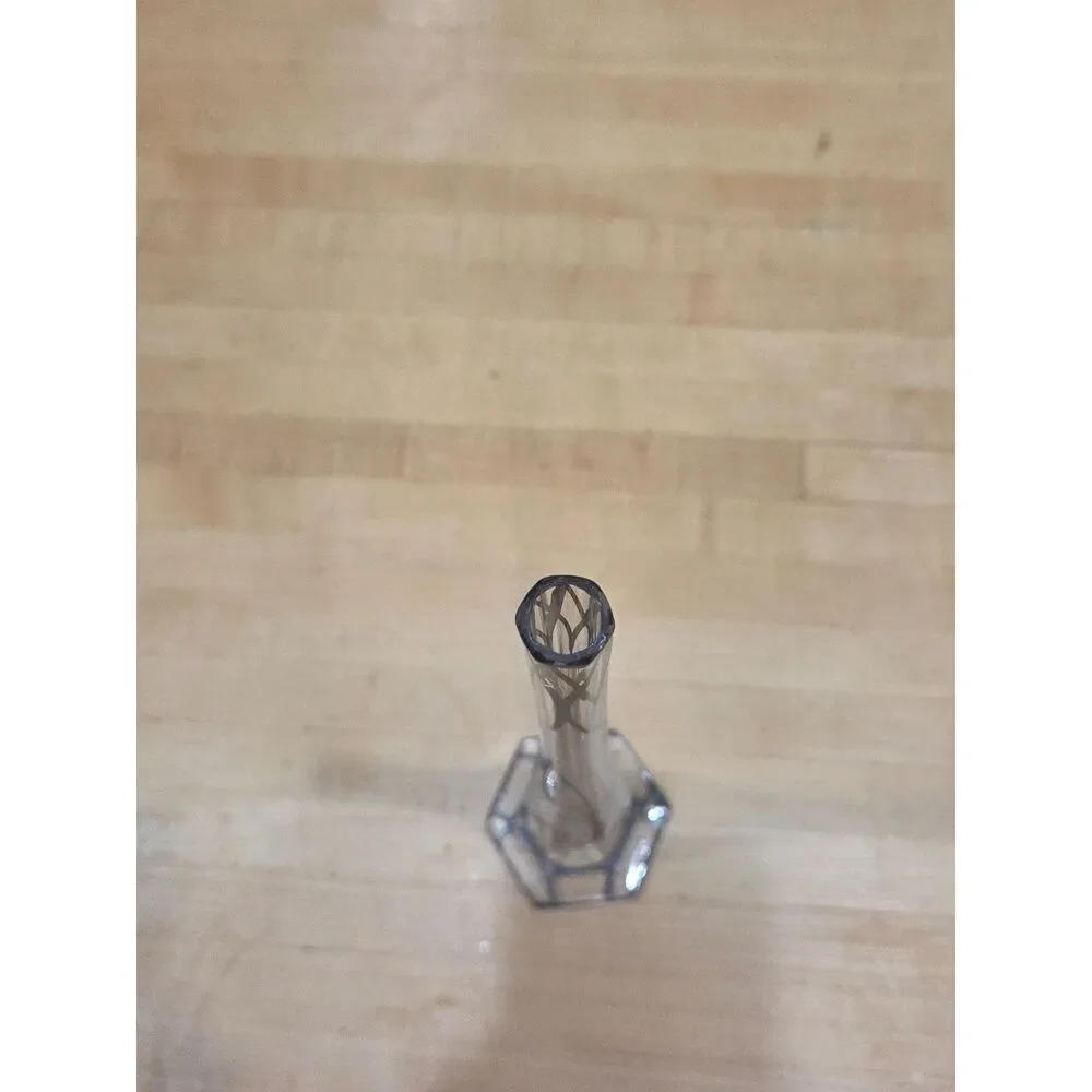 Vintage Art Nouveau Silver Overlay Clear Glass Hexagonal Bud Vase 11